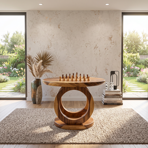 Handcrafted Solid Wood Round Chess Table with Sculptural Ring Pedestal