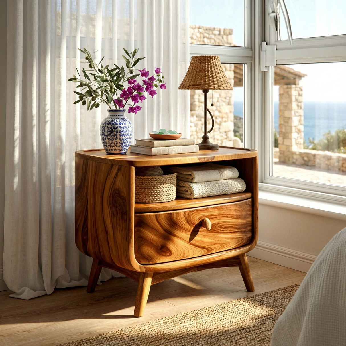 Handcrafted Solid Wood Nightstand with Open Shelf and Drawer for Bedroom
