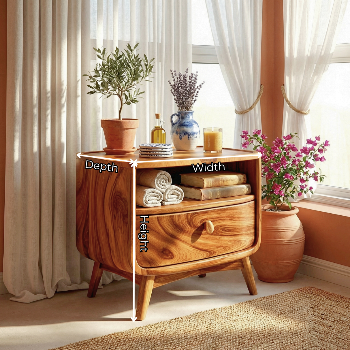 Handcrafted Solid Wood Nightstand with Open Shelf and Drawer for Bedroom