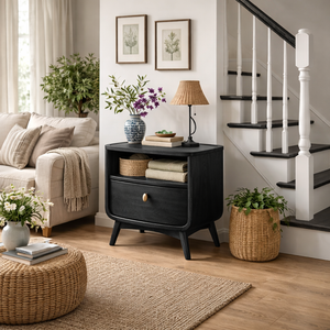 Handcrafted Solid Wood Nightstand with Open Shelf and Drawer for Bedroom