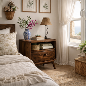 Handcrafted Solid Wood Nightstand with Open Shelf and Drawer for Bedroom