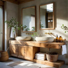Double Solid Wood Bathroom Vanity with Cabinet and Open Shelf