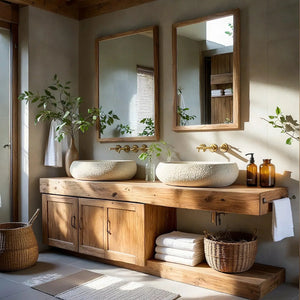 Double Solid Wood Bathroom Vanity with Cabinet and Open Shelf