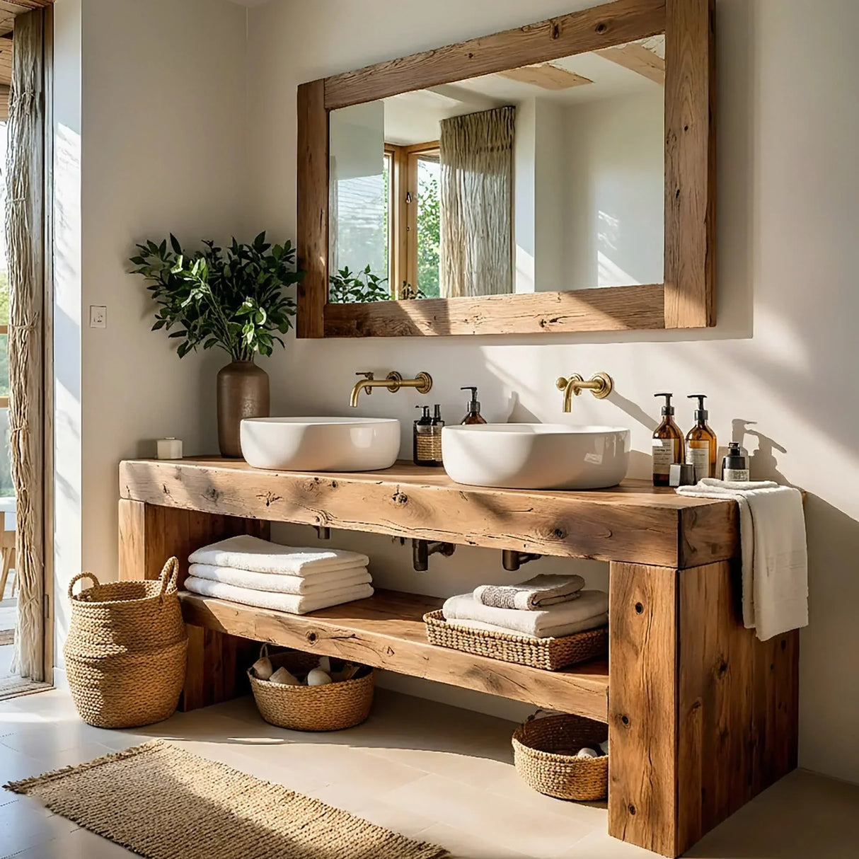 Double Solid Wood Bathroom Vanity with Open Shelf for Modern Home