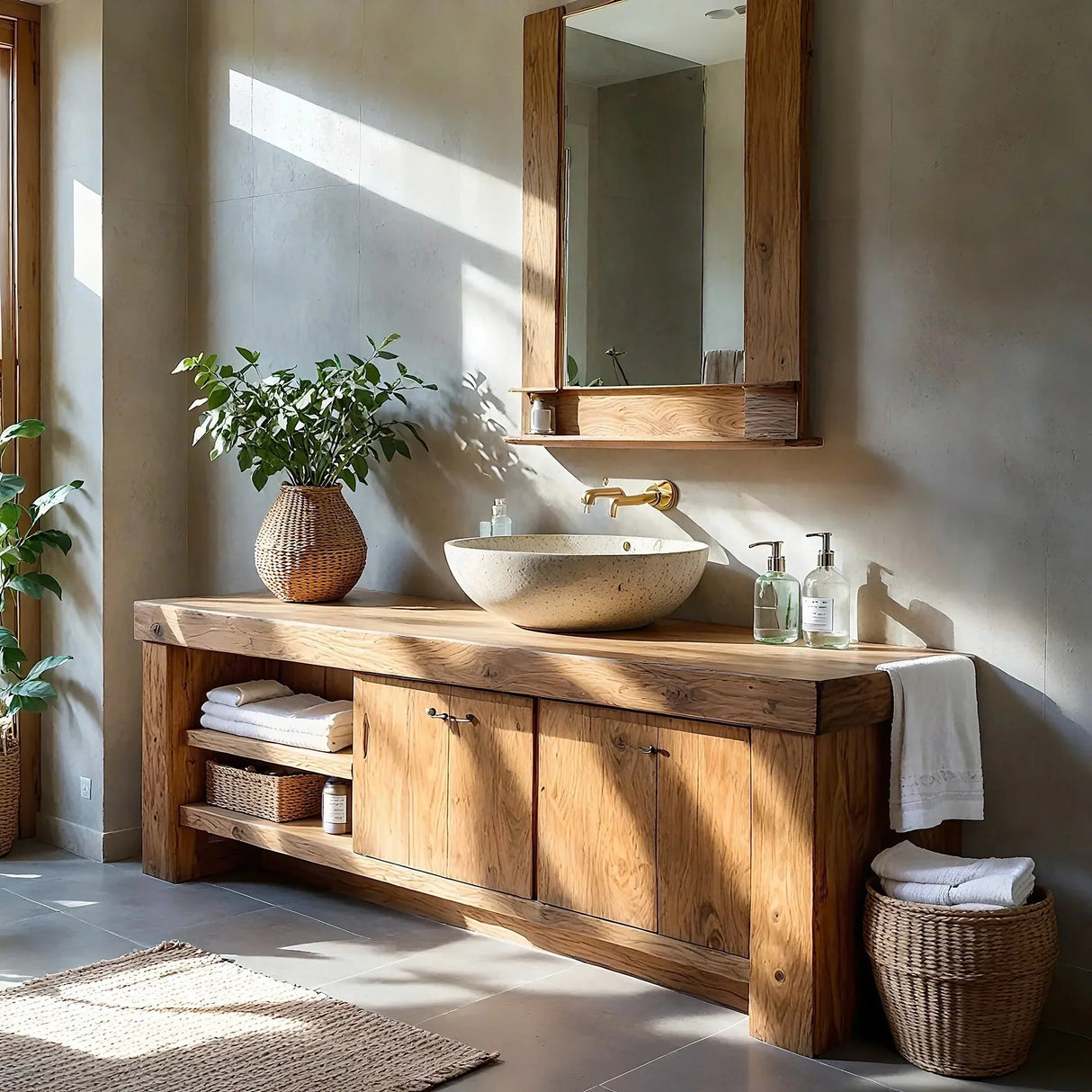 Wood Bathroom Vanity with Open Shelf Storage