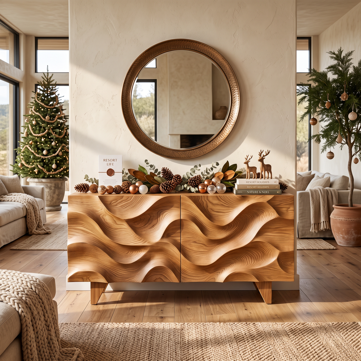 Sideboard Solid Wood with Sculptural Wave Carved Doors for Living Room Decor