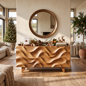 Sideboard Solid Wood with Sculptural Wave Carved Doors for Living Room Decor