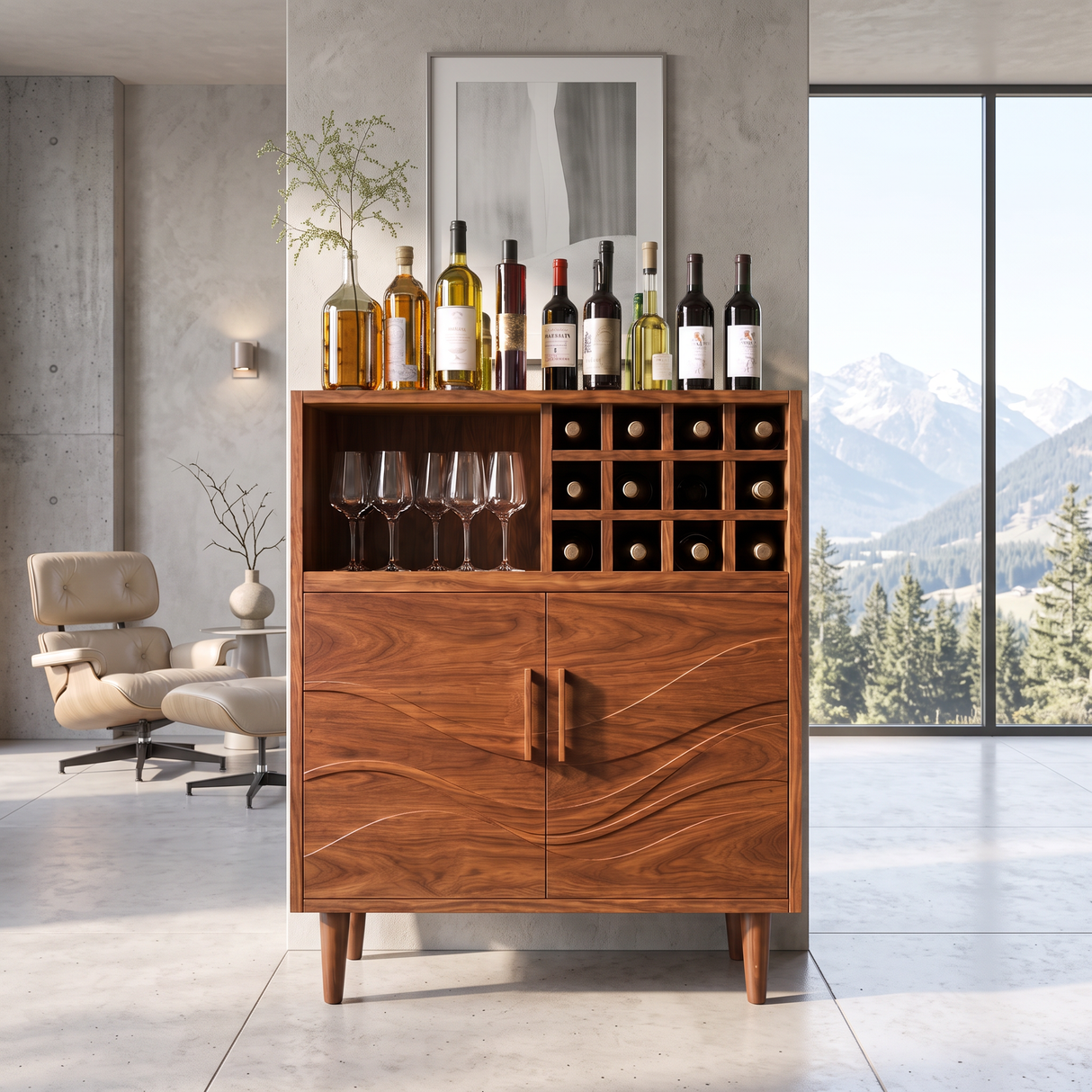 Solid Wood Wine Cabinet with Bottle Grid and Carved Storage Doors