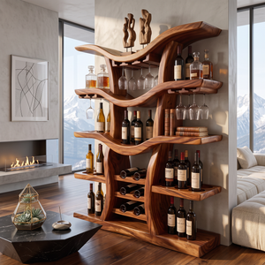Freestanding Wine Rack Solid Wood with Branching Shelves for Home Bar
