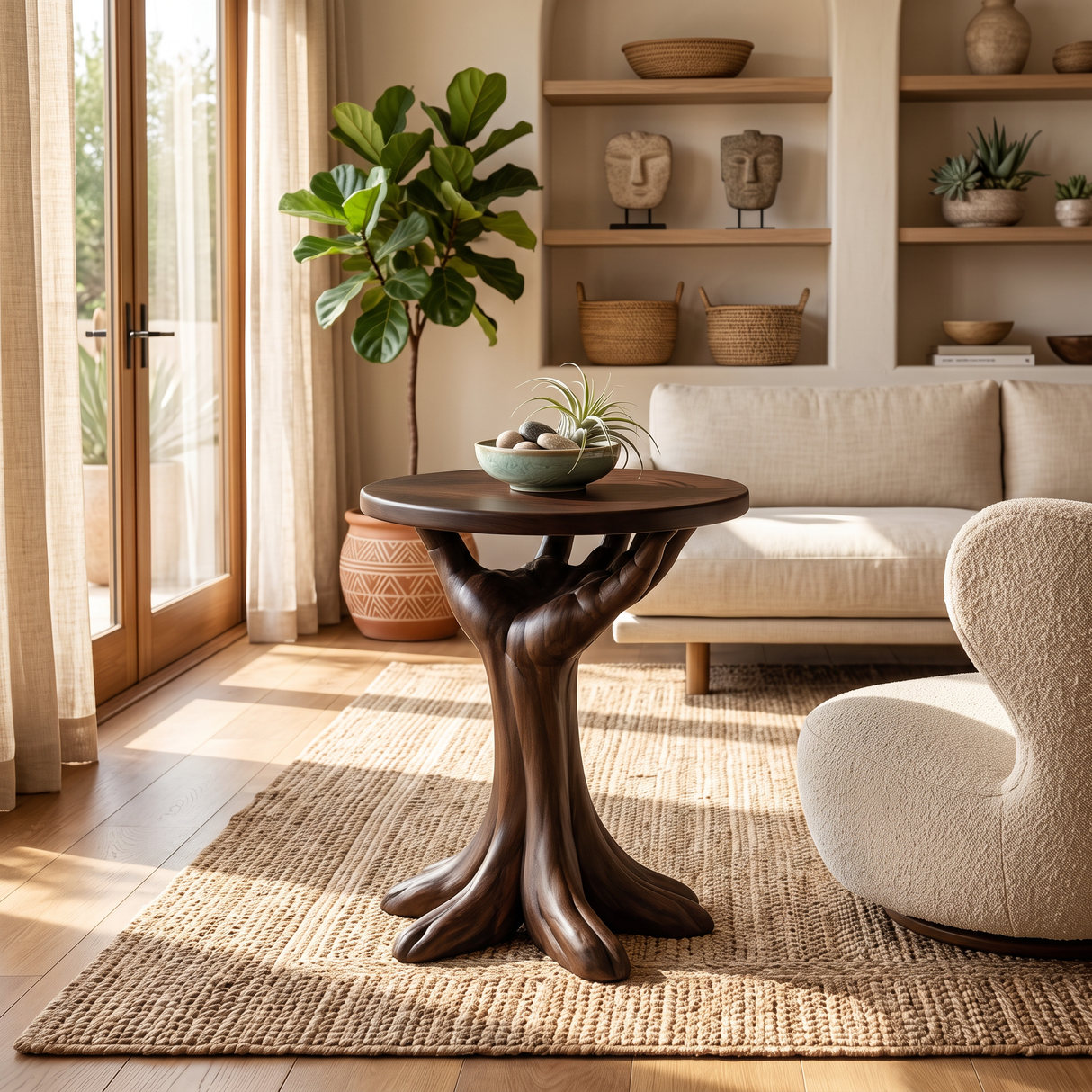 Side Table Solid Wood with Sculptural Tree Root Base for Living Room