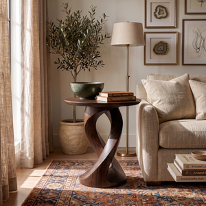 Side Table Solid Wood with Twisted Ribbon Pedestal for Living Room Decor