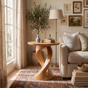 Side Table Solid Wood with Twisted Ribbon Pedestal for Living Room Decor