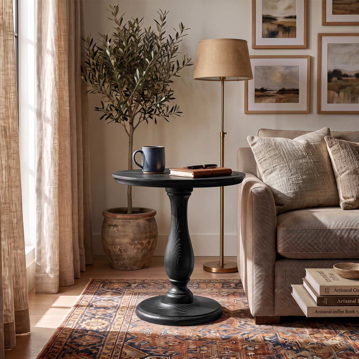 Side Table Solid Wood with Turned Pedestal Base for Living Room Decor