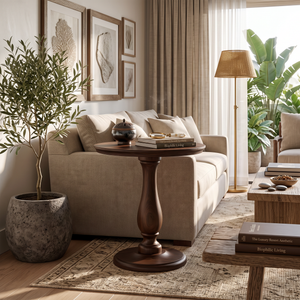 Side Table Solid Wood with Turned Pedestal Base for Living Room Decor