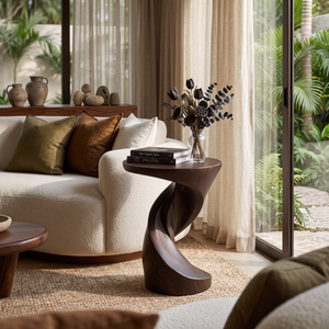 End Table Solid Wood with Sculptural Twisted Loop Base for Living Room