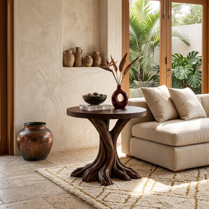 End Table Solid Wood with Branching Tree Root Pedestal for Living Room Decor