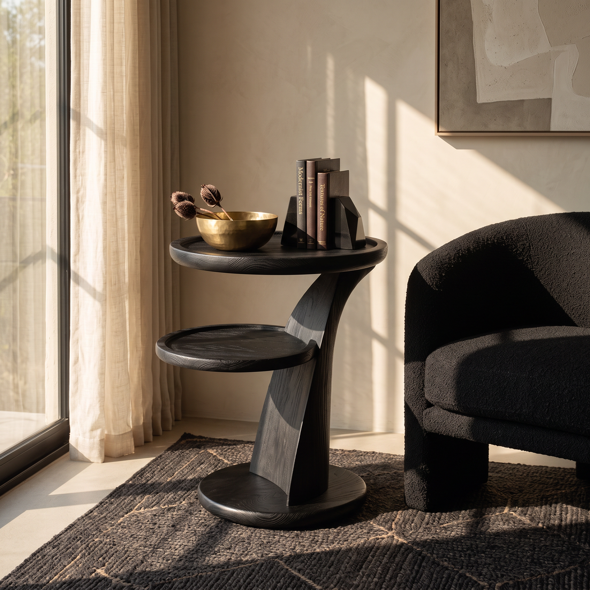 Side Table Solid Wood with Dual Tier Sculptural Pedestal