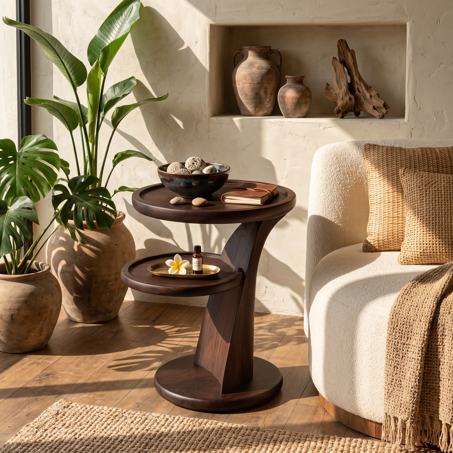 Side Table Solid Wood with Dual Tier Sculptural Pedestal