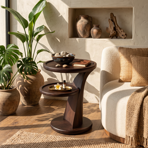 Side Table Solid Wood with Dual Tier Sculptural Pedestal