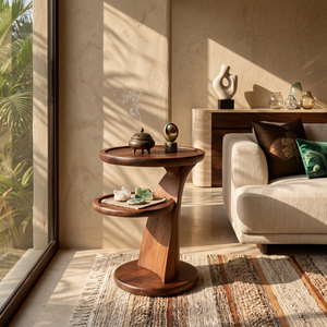 Side Table Solid Wood with Dual Tier Sculptural Pedestal