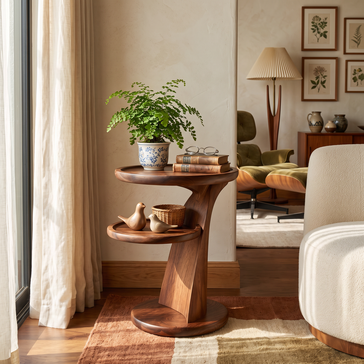 Side Table Solid Wood with Dual Tier Sculptural Pedestal