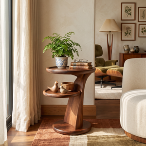 Side Table Solid Wood with Dual Tier Sculptural Pedestal