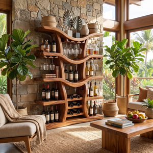 Freestanding Wine Rack Solid Wood with Branching Shelves for Home Bar