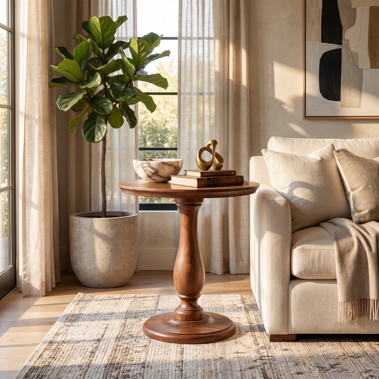 Side Table Solid Wood with Turned Pedestal Base for Living Room Decor