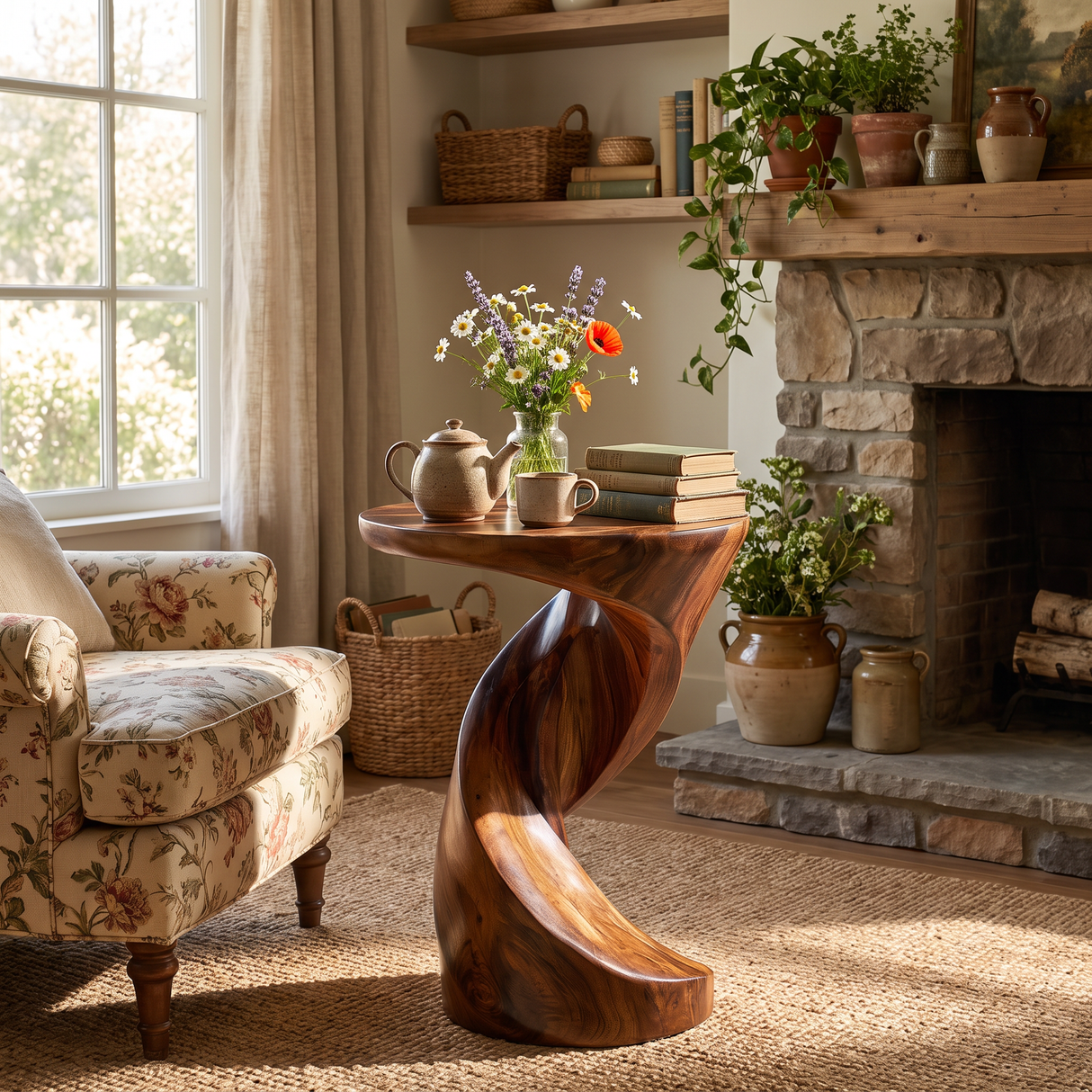 End Table Solid Wood with Sculptural Twisted Loop Base for Living Room