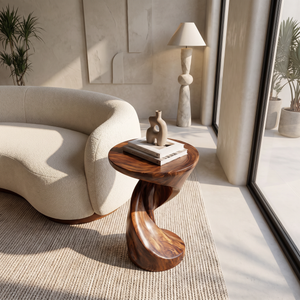 End Table Solid Wood with Sculptural Twisted Loop Base for Living Room