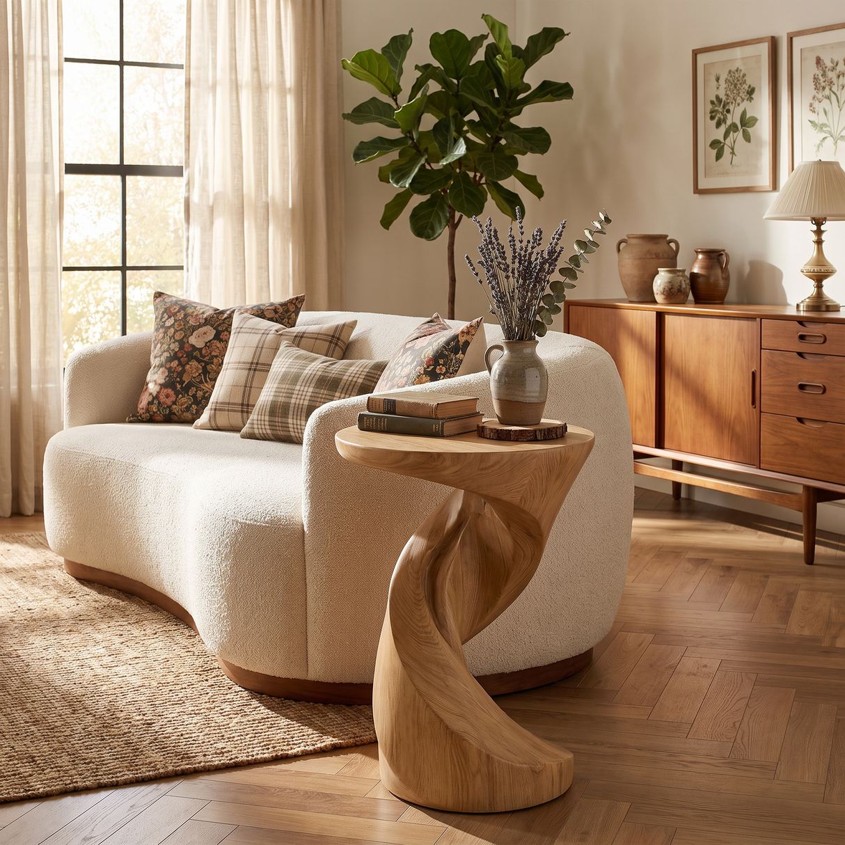 End Table Solid Wood with Sculptural Twisted Loop Base for Living Room