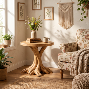 End Table Solid Wood with Branching Tree Root Pedestal for Living Room Decor