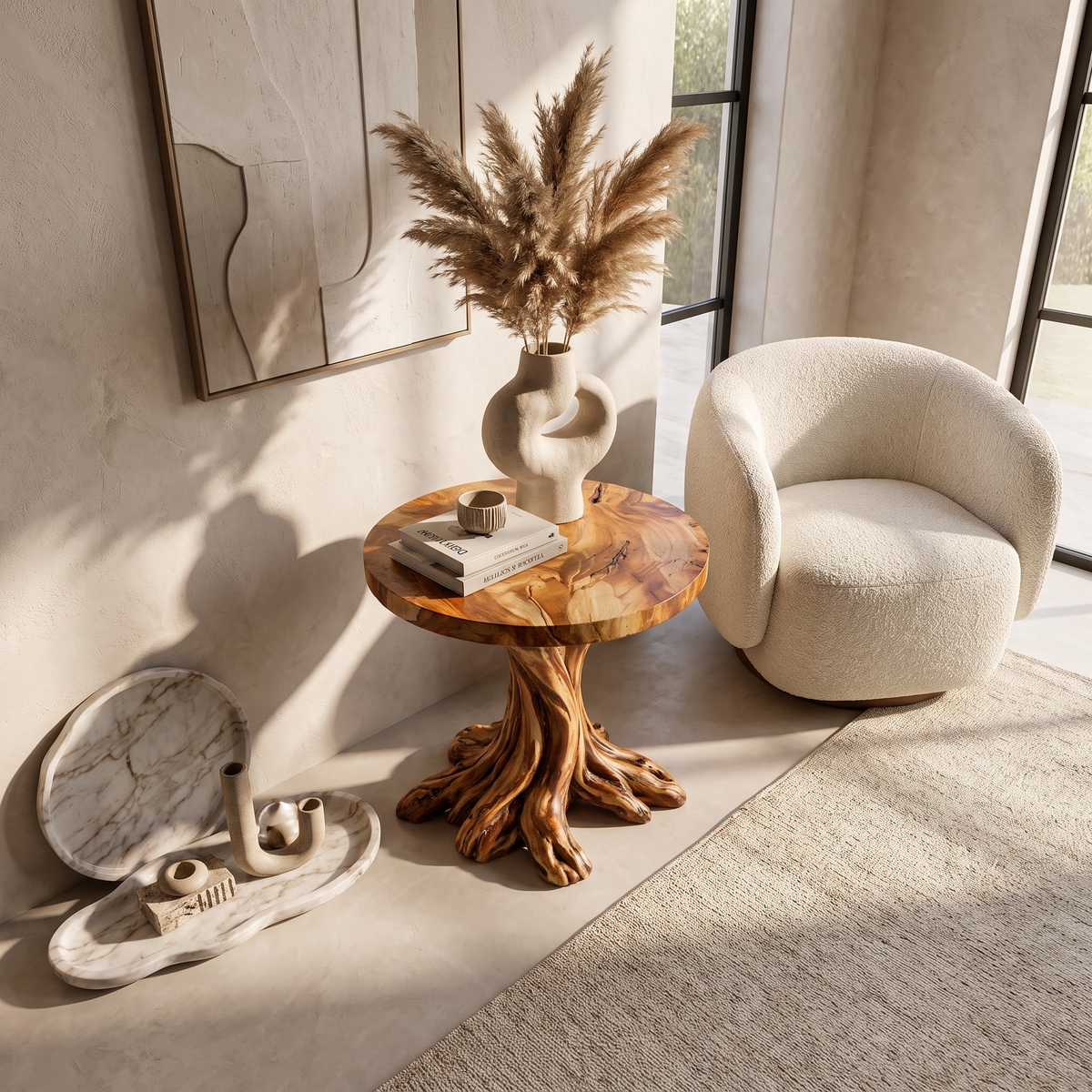 End Table Solid Wood with Branching Tree Root Pedestal for Living Room Decor