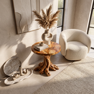 End Table Solid Wood with Branching Tree Root Pedestal for Living Room Decor