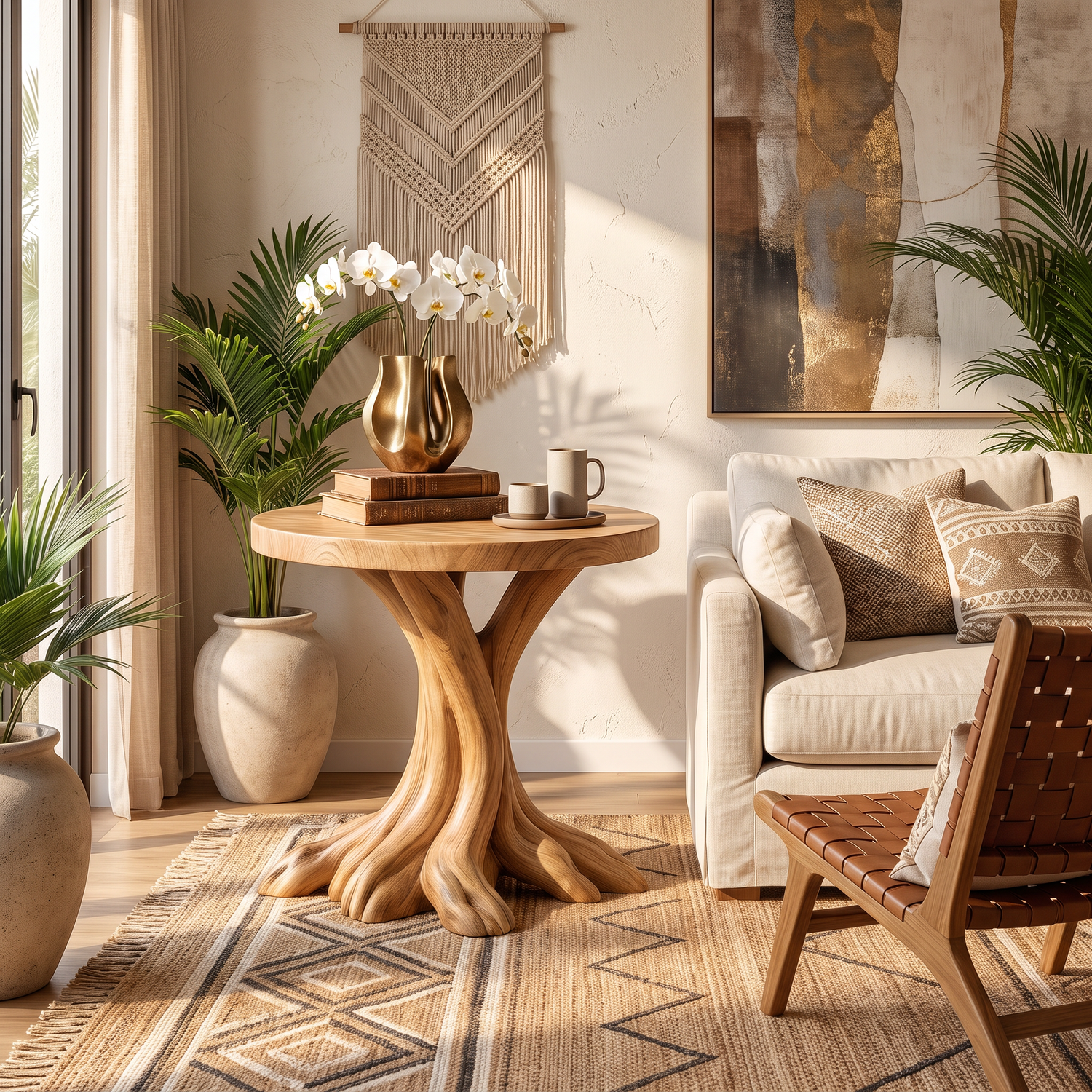 End Table Solid Wood with Branching Tree Root Pedestal for Living Room Decor