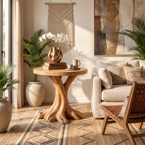 End Table Solid Wood with Branching Tree Root Pedestal for Living Room Decor