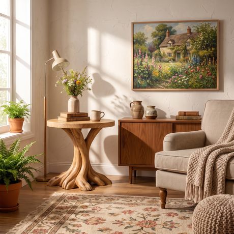 End Table Solid Wood with Branching Tree Root Pedestal for Living Room Decor