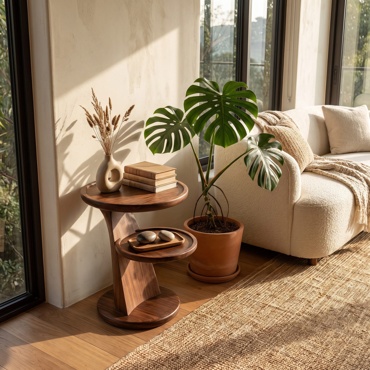 Side Table Solid Wood with Dual Tier Sculptural Pedestal