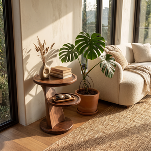 Side Table Solid Wood with Dual Tier Sculptural Pedestal