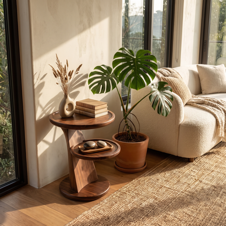 Side Table Solid Wood with Dual Tier Sculptural Pedestal
