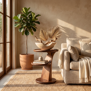 Side Table Solid Wood with Dual Tier Sculptural Pedestal