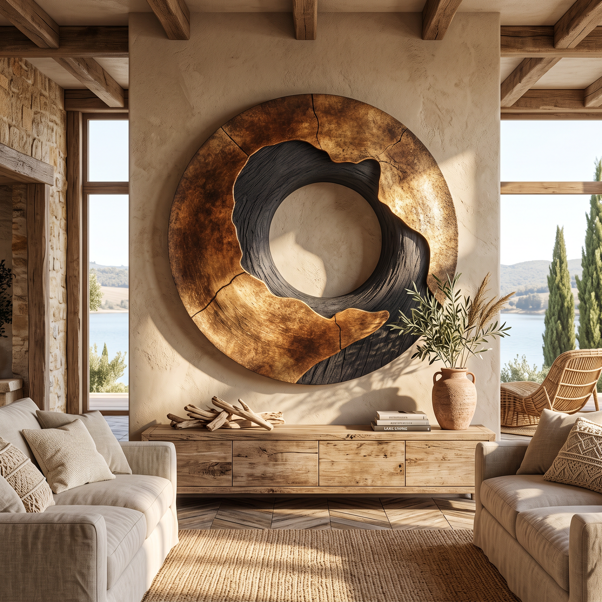Round Solid Wood Ring Wall Sculpture Modern Organic Wall Art for Living Room