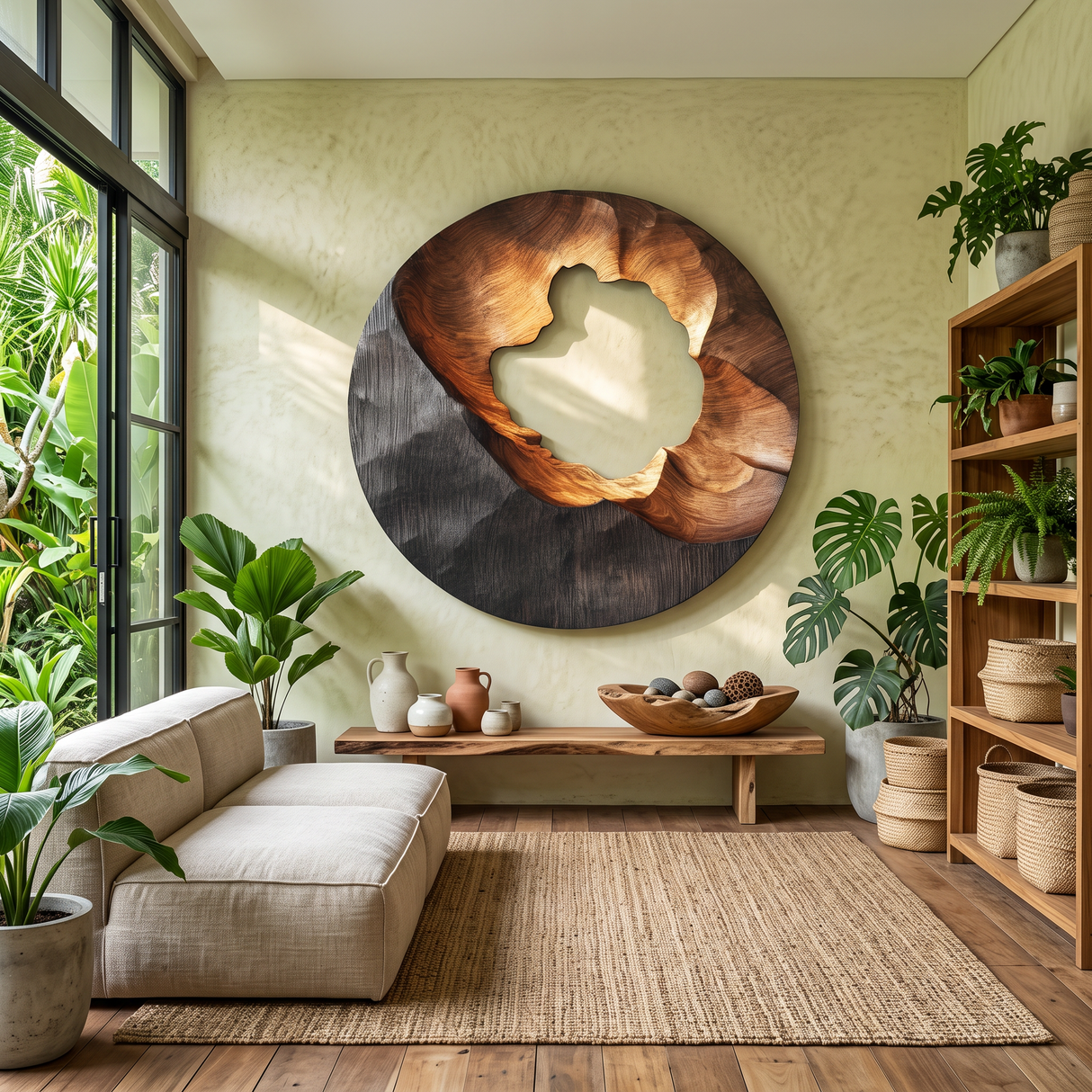 Organic Round Solid Wood Wall Sculpture with Carved Void for Living Room