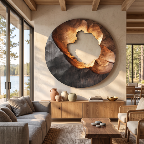 Organic Round Solid Wood Wall Sculpture with Carved Void for Living Room