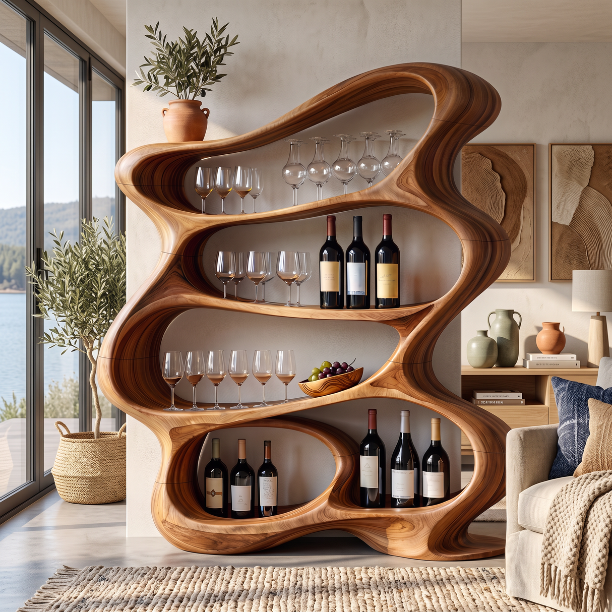 Handcrafted Solid Wood Wine Rack Cabinet with Flowing Open Shelves
