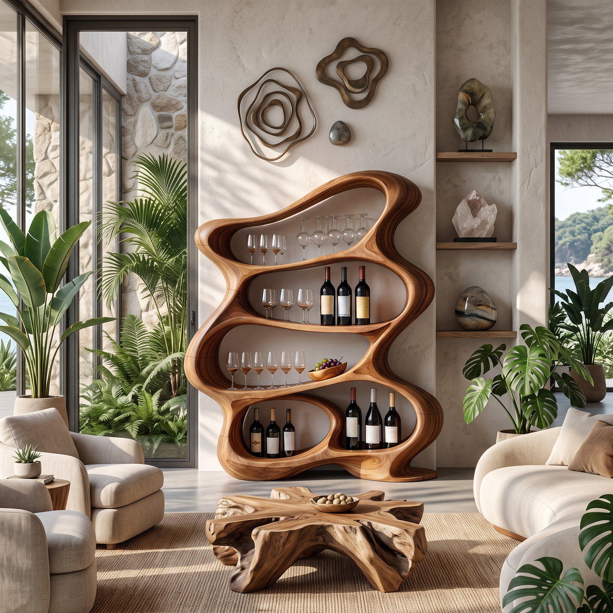Handcrafted Solid Wood Wine Rack Cabinet with Flowing Open Shelves