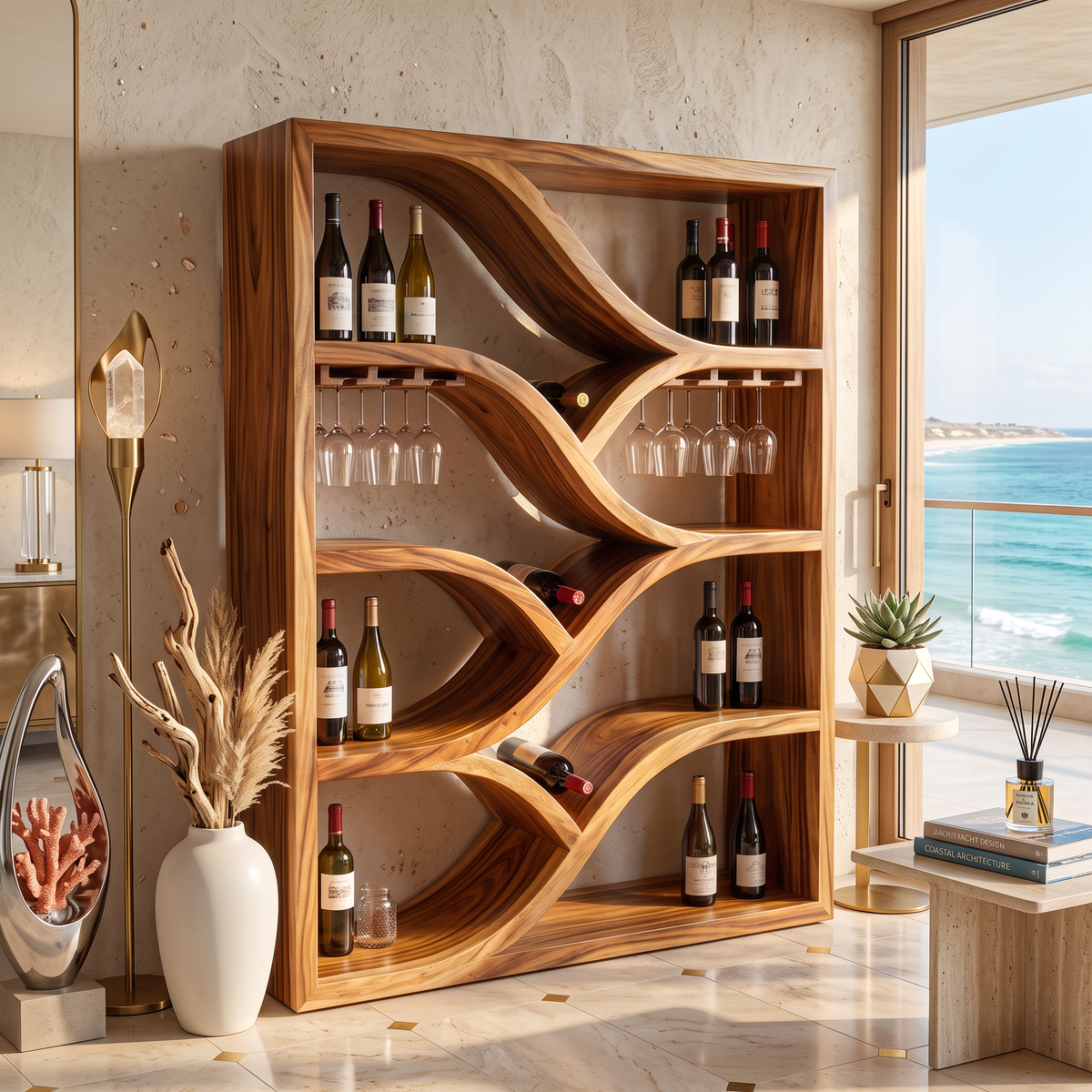 Sculptural Solid Wood Wine Display Cabinet with Flowing Bottle Shelves
