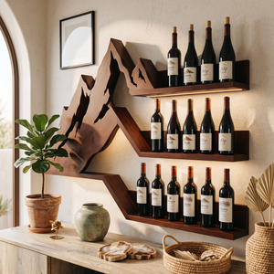 Mountain Range Inspired Solid Wood Wine Rack Wall Shelf
