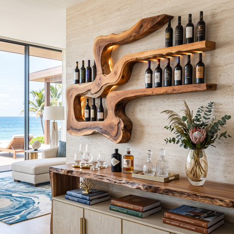 Handmade Organic Wood Wine Rack Wall Shelf Sculptural Bar Decor
