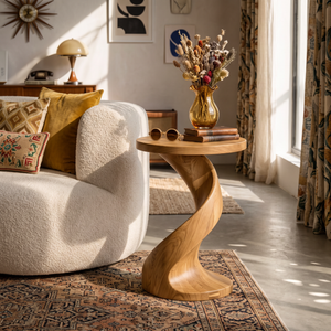 Modern Solid Wood Side Table with Twisted Pedestal Base for Living Room Seating